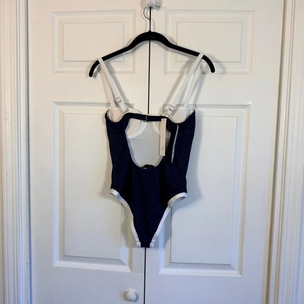 Aqua Swim Underwire One Piece Swimsuit Navy Blue White LARGE‎